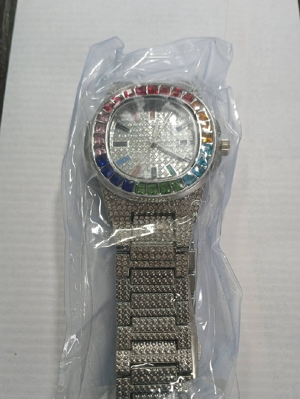 Silver Pavé Watch with Rainbow Crystal Bezel